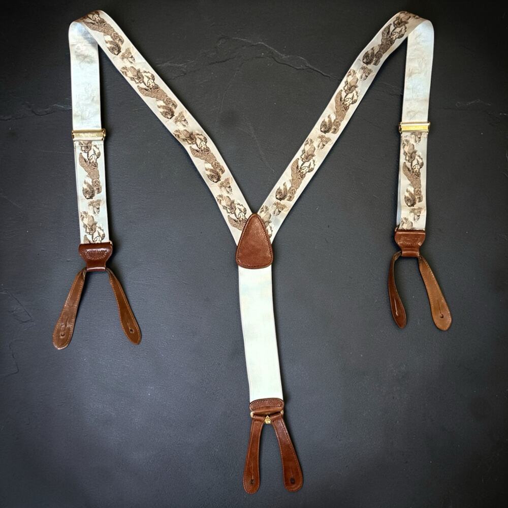 Vintage Trafalgar Suspenders Mens Cream Dog Print Silk Braces